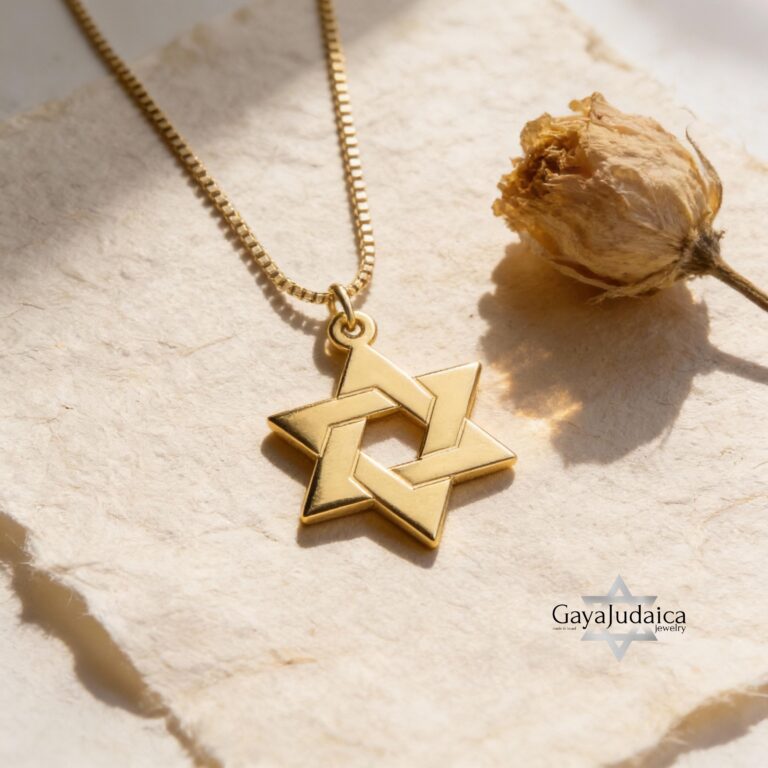 Close-up image of a 14K gold Star of David necklace with Chai symbol, featuring elegant pendant on a delicate gold chain