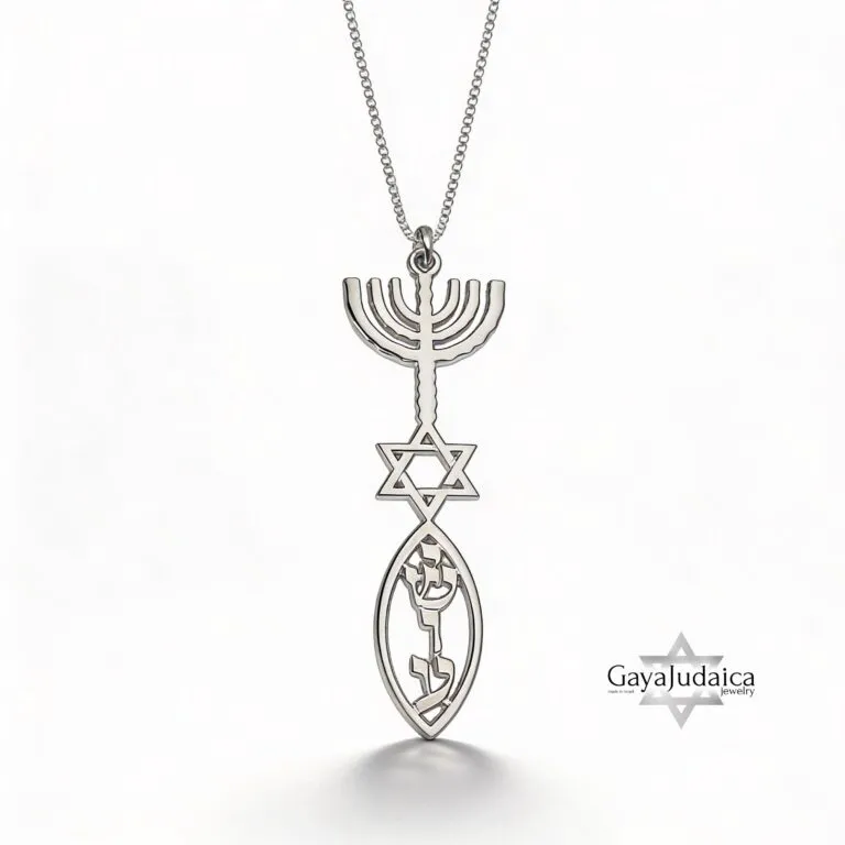 14K Gold Hanukkah Menorah Pendant — Fish and Star of David Judaica Necklace — detail