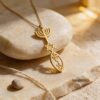 Solid 14K gold Hanukkah Menorah pendant with Fish and Star of David symbols on a delicate chain.
