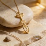 14K Gold Hanukkah Menorah Pendant — Fish and Star of David Judaica Necklace