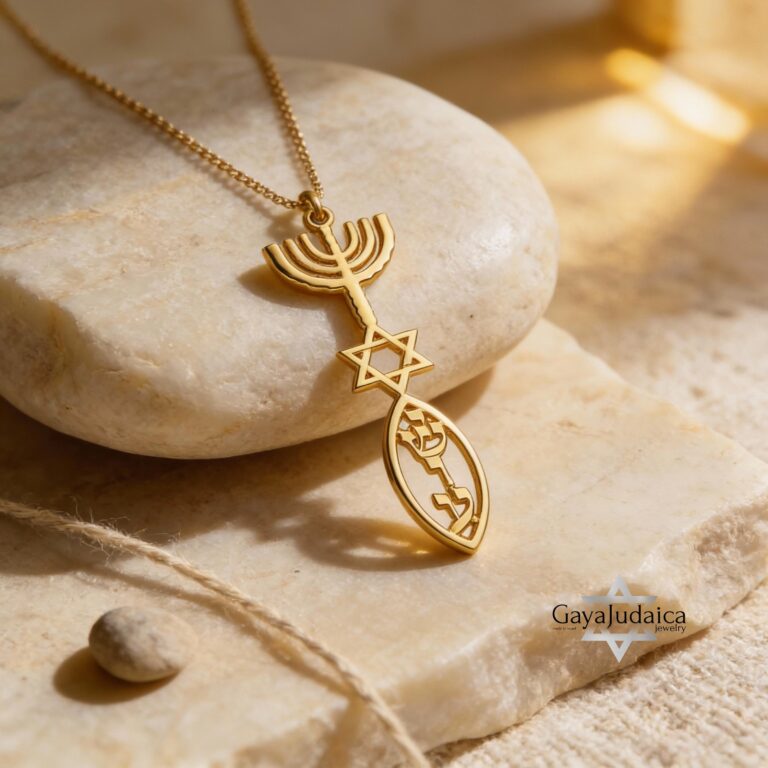 Solid 14K gold Hanukkah Menorah pendant with Fish and Star of David symbols on a delicate chain.