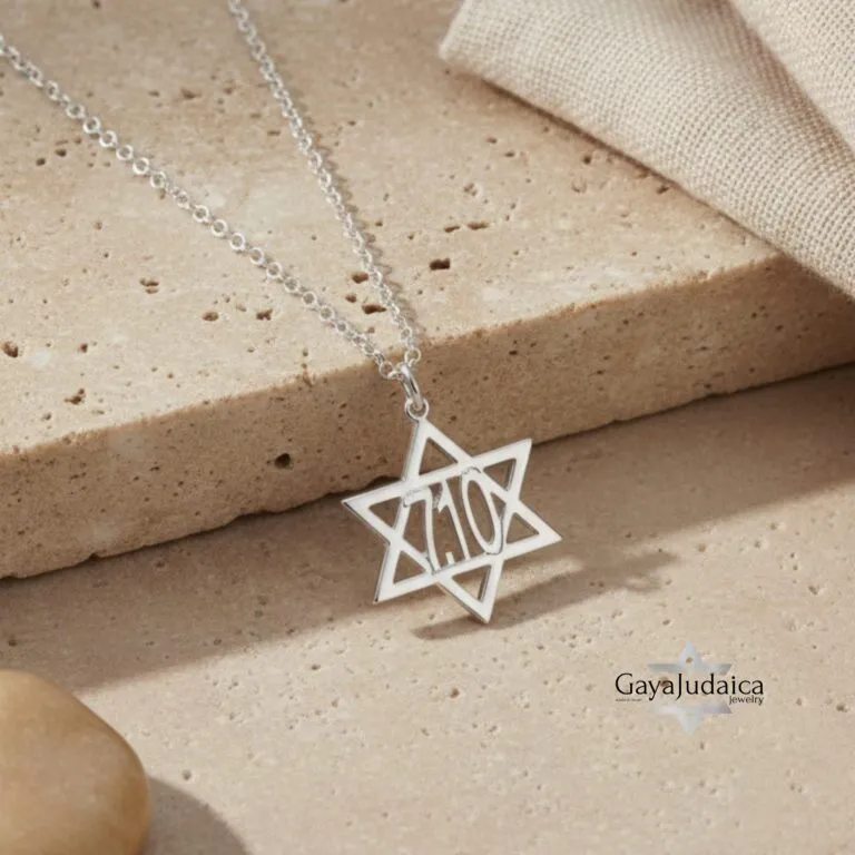 A Star of David October 7th Pendant crafted in 925 Sterling Silver or 24K Gold Plated, featuring a memorial design on a