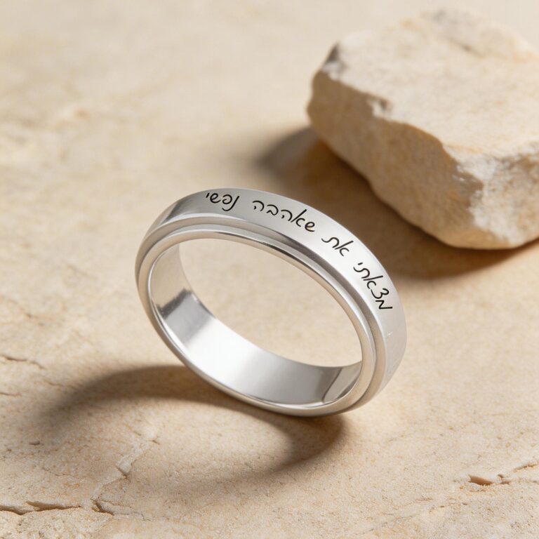 Sterling silver Hebrew spinner ring with engraved name or Bible verse, handcrafted Jewish jewelry.