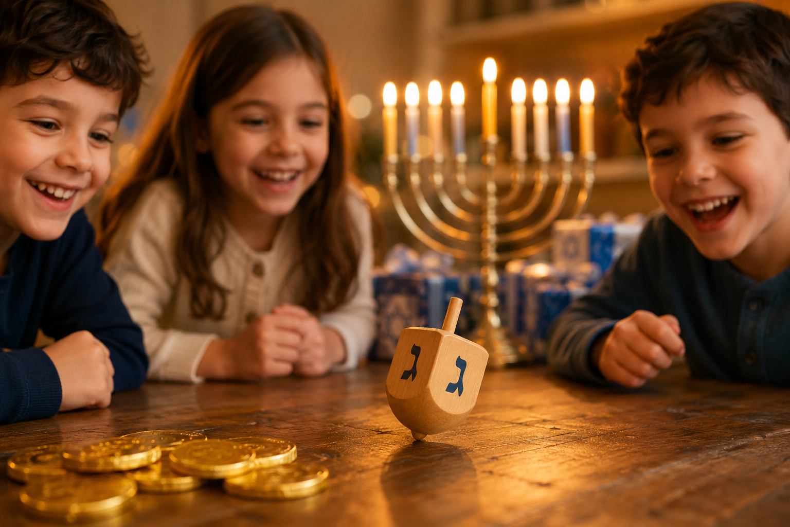 Children playing dreidel during Hanukkah with chocolate gelt and a menorah