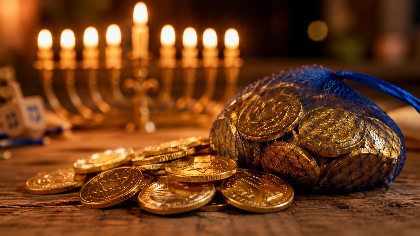 Hanukkah gelt, gold-foil chocolate coins beside a lit menorah