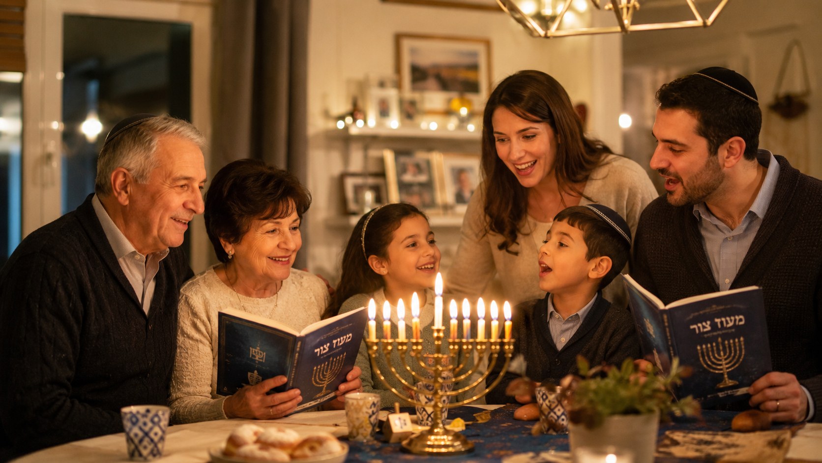 A family singing traditional Hanukkah songs around the menorah