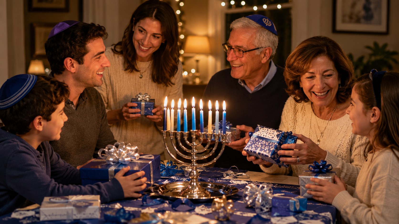 A family exchanging Hanukkah gifts beside a lit menorah