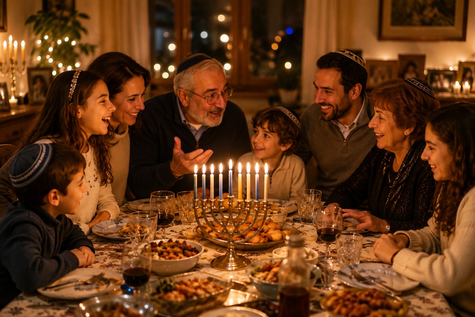 A multi-generational family gathering for a Hanukkah meal by candlelight