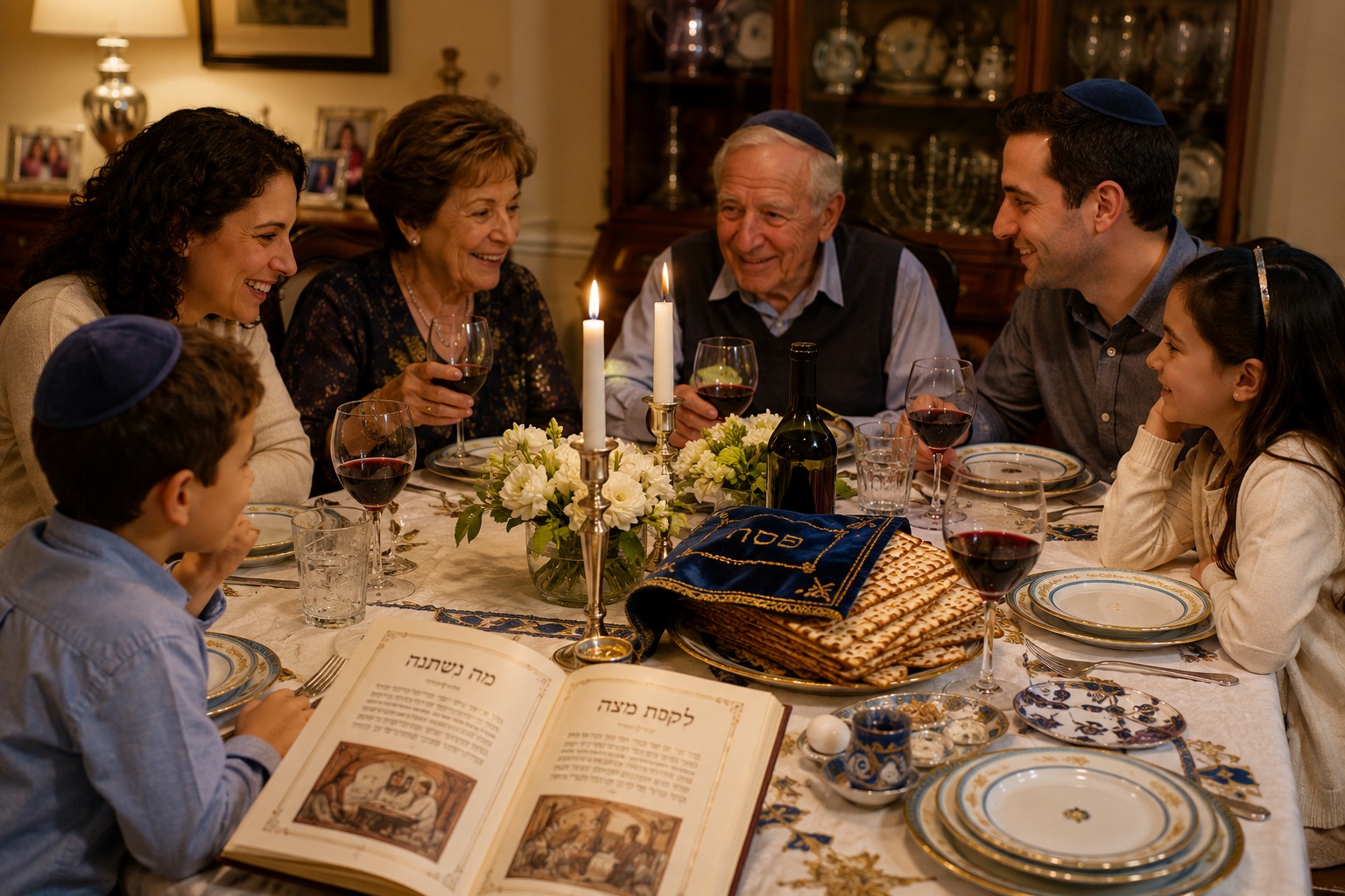 A family gathered around a festive Passover Seder table with matzah, wine, and a Haggadah