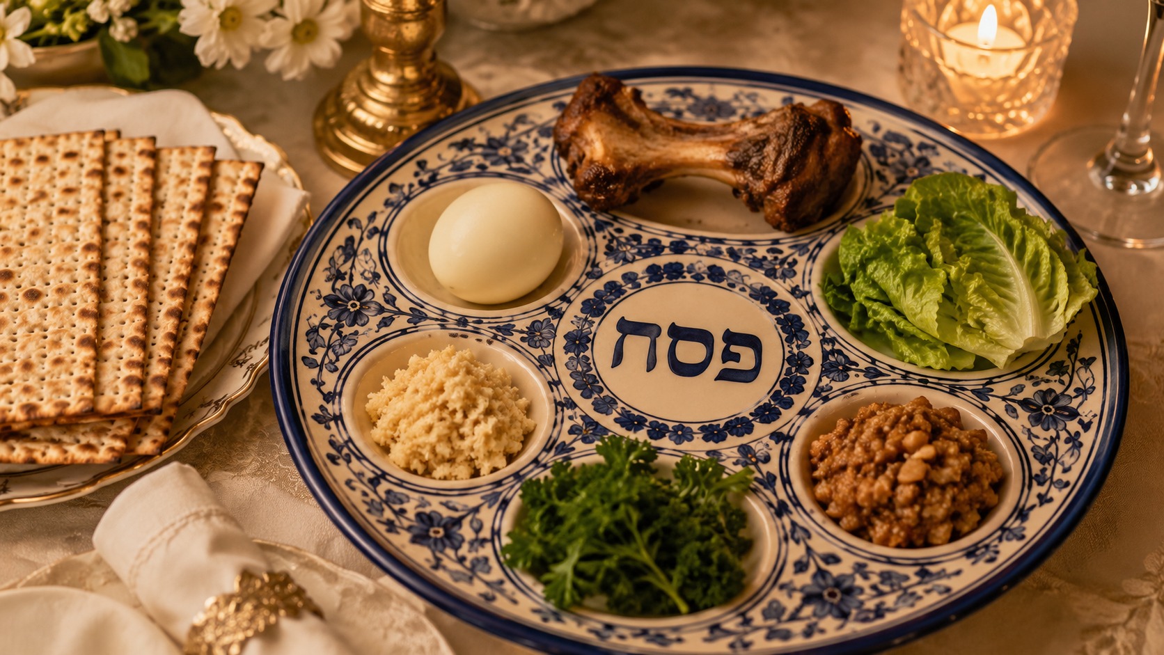 A traditional Passover Seder plate holding the symbolic foods