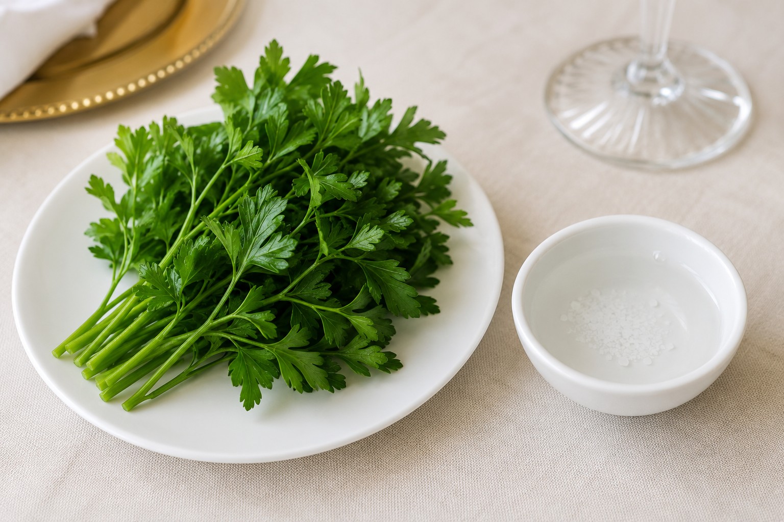 Karpas, a green vegetable beside a bowl of salt water
