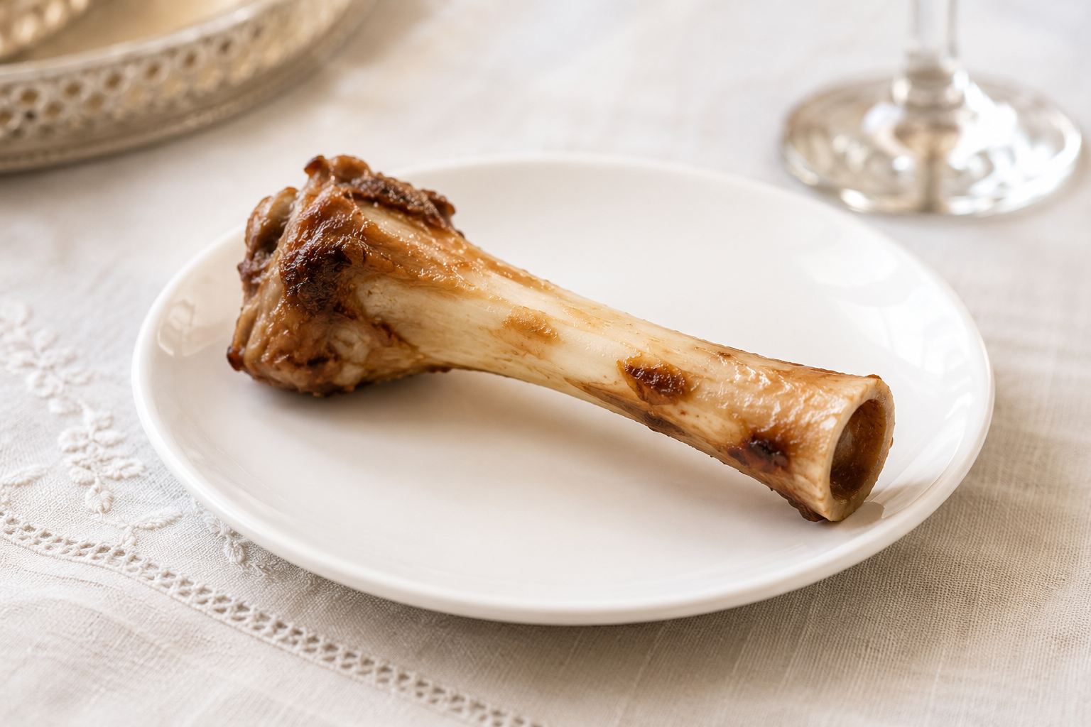 Zeroa, a roasted shank bone on a Passover Seder plate