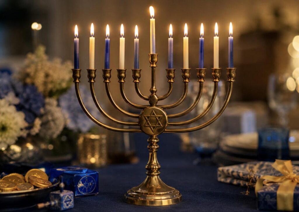 A lit Hanukkah menorah (hanukkiah) with glowing candles on a festive table with dreidels, gelt, and gifts