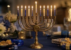 A lit Hanukkah menorah (hanukkiah) with glowing candles on a festive table with dreidels, gelt, and gifts