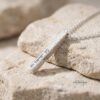 Engraved sterling silver 3D bar necklace with Hebrew personalization on Jerusalem stone