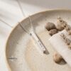 Sterling silver Hebrew bar necklace styled on a ceramic dish