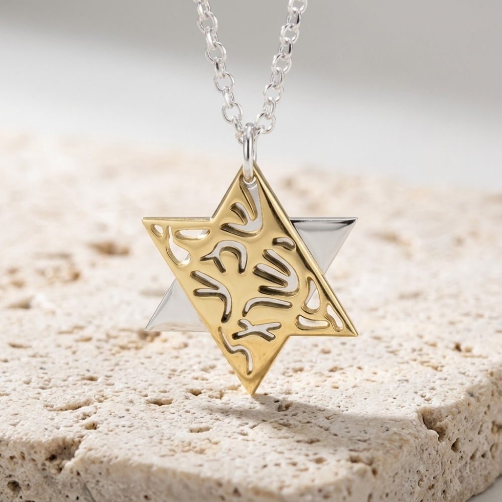 Two-Tone Star of David Necklace, Shema Yisrael Sterling Silver & Gold Pendant Two-Tone Star of David Necklace, Shema Yisrael Sterling Silver & Gold Pendant