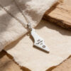 Sterling silver Israel map necklace engraved Am Yisrael Chai with a Star of David, on stone and wood