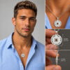 Man wearing the Shema Yisrael nano Bible necklace in silver, with close-ups of the pendant size and 1.2 mm thickness