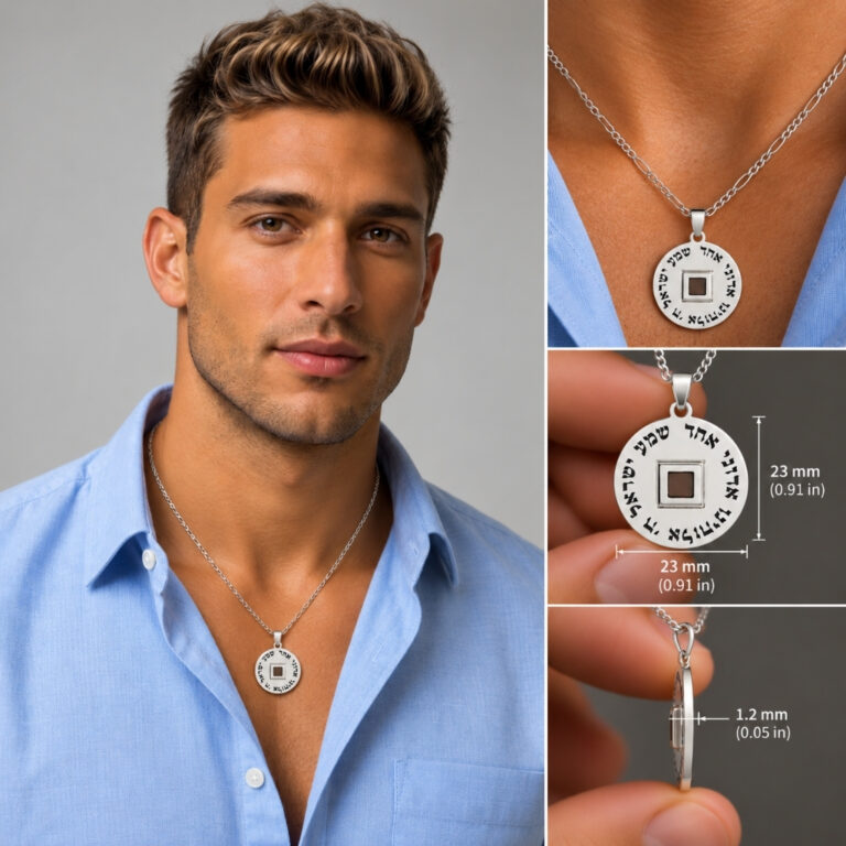 Man wearing the Shema Yisrael nano Bible necklace in silver, with close-ups of the pendant size and 1.2 mm thickness