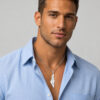 Man wearing a sterling silver engraved Israel map necklace with Hebrew wording