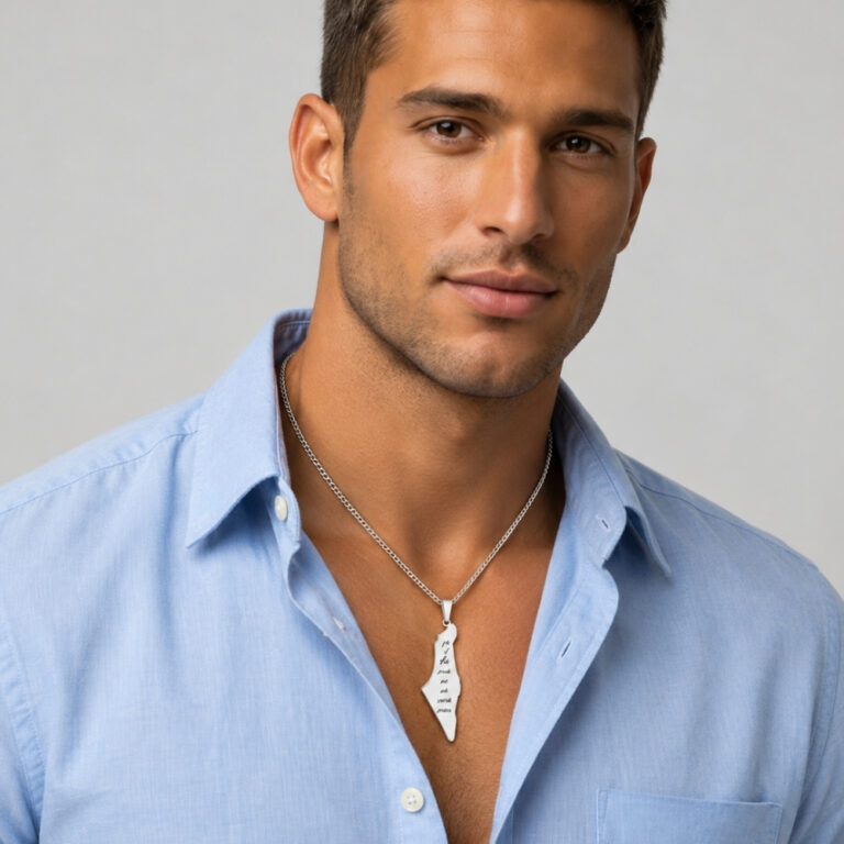 Man wearing a sterling silver engraved Israel map necklace with Hebrew wording