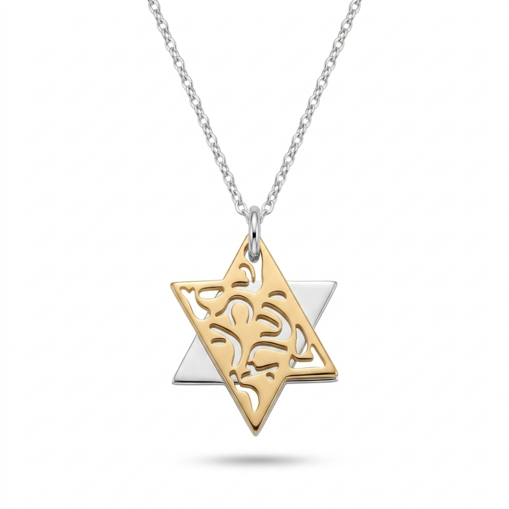 Two-Tone Star of David Necklace, Shema Yisrael Sterling Silver & Gold Pendant Two-Tone Star of David Necklace, Shema Yisrael Sterling Silver & Gold Pendant