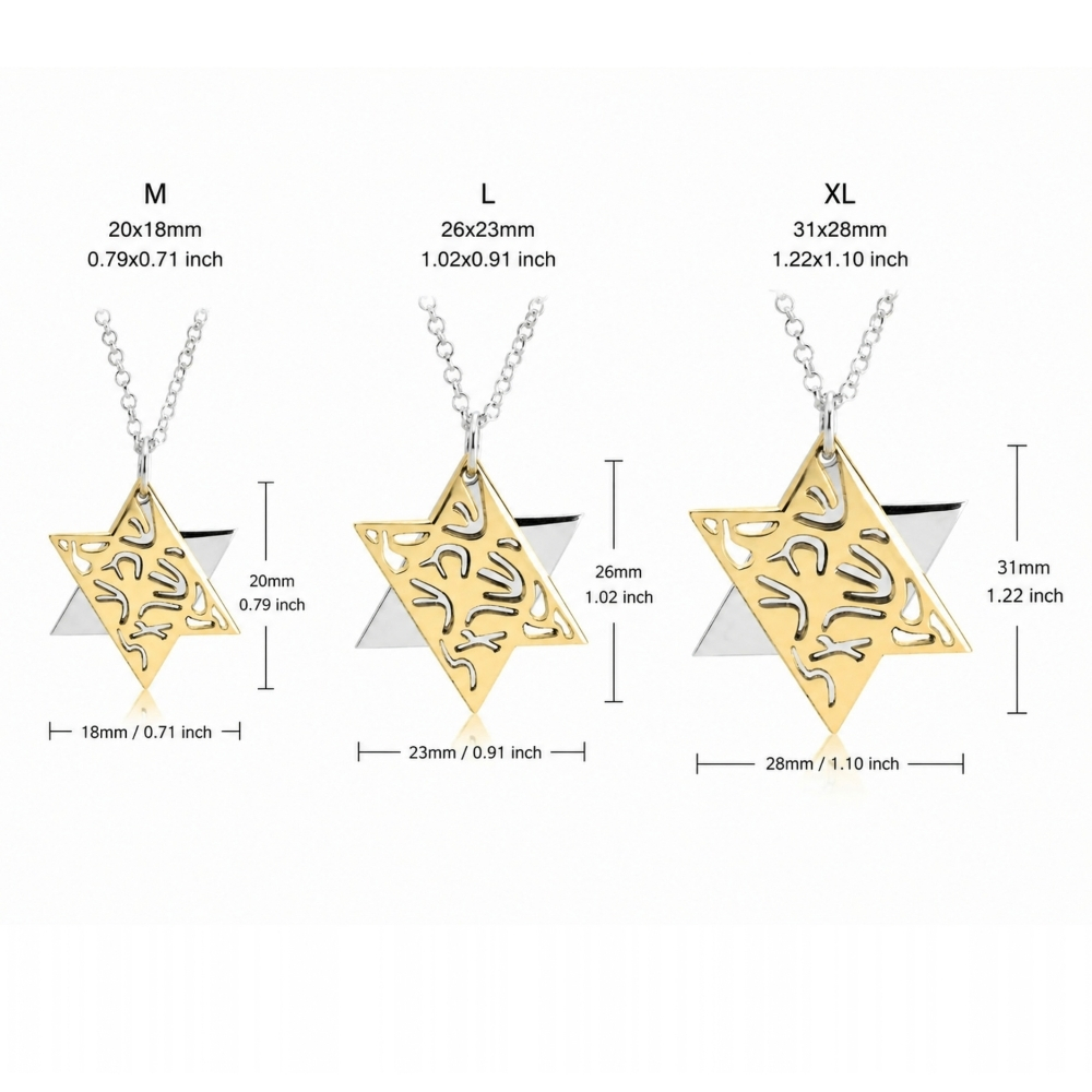 Two-Tone Star of David Necklace, Shema Yisrael Sterling Silver & Gold Pendant Two-Tone Star of David Necklace, Shema Yisrael Sterling Silver & Gold Pendant