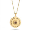 Shema Yisrael nano Bible necklace in 24K gold plated silver, round pendant engraved with the Hebrew prayer around a nano Bible chip, on white background