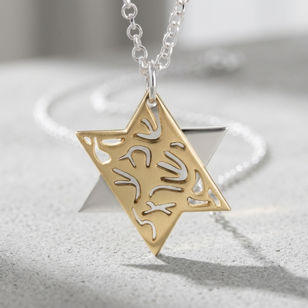 Two-Tone Star of David Necklace, Shema Yisrael Sterling Silver & Gold Pendant Two-Tone Star of David Necklace, Shema Yisrael Sterling Silver & Gold Pendant