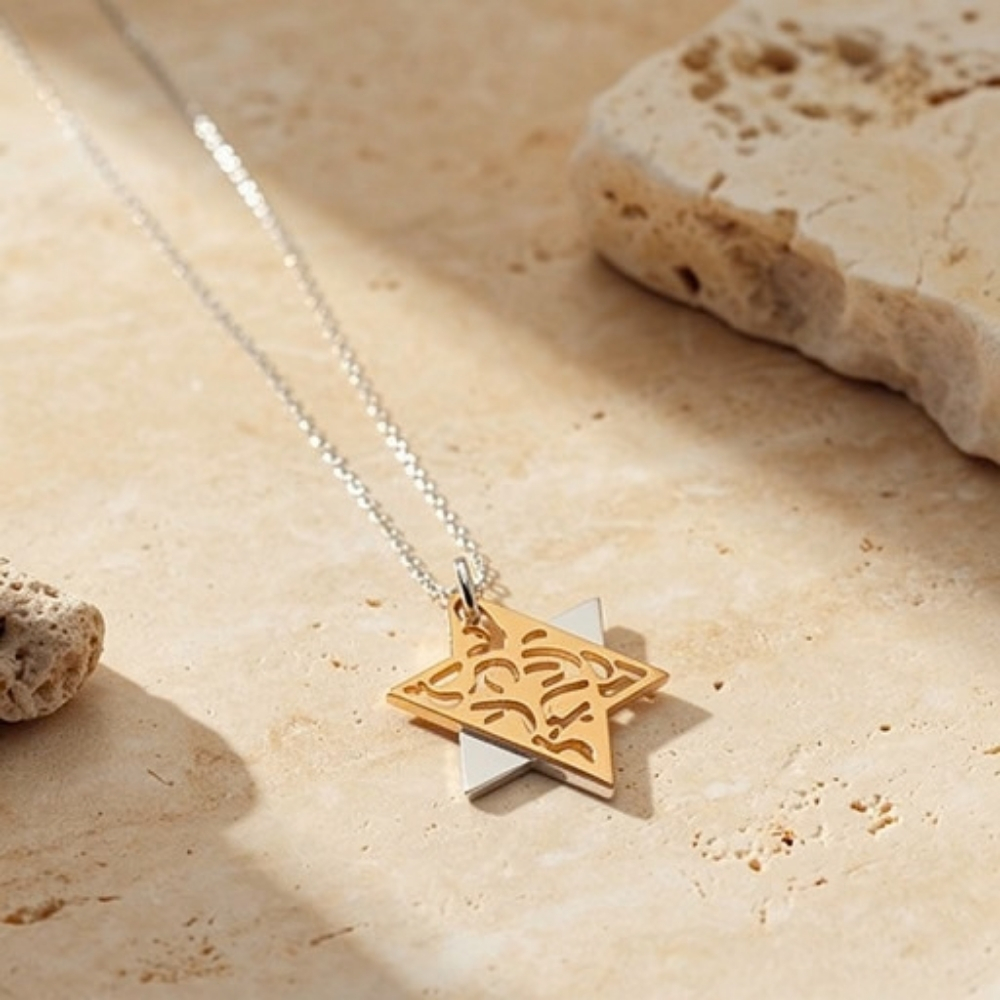 Two-Tone Star of David Necklace, Shema Yisrael Sterling Silver & Gold Pendant Two-Tone Star of David Necklace, Shema Yisrael Sterling Silver & Gold Pendant