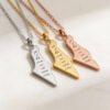 Israel map necklaces in sterling silver, 24K gold plated and rose gold engraved in Hebrew script with Ain Li Eretz Acheret Gam Im Admati Boeret