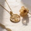 Gold Am Yisrael Chai disc pendant on stone with a dried flower
