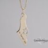 14K gold Israel map pendant shown hanging against grey