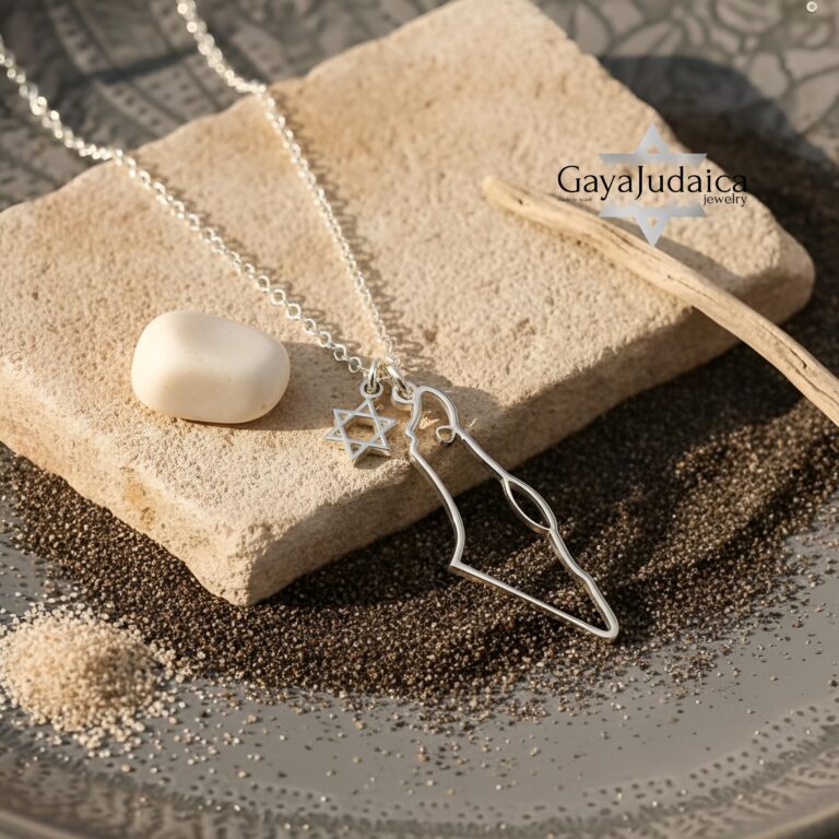Israel map necklace with Star of David charm in sterling silver on sand