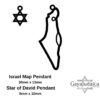 Size guide showing the Israel map pendant at 30 by 13mm and Star of David at 8 by 10mm