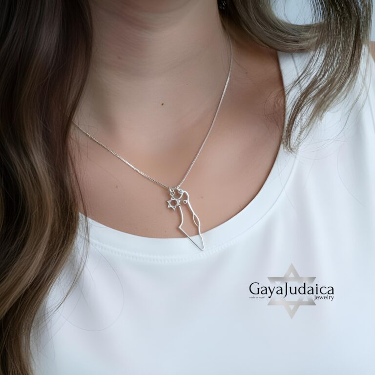 Woman wearing the sterling silver Israel map and Star of David necklace