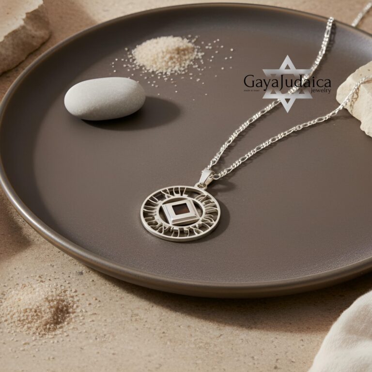 Silver openwork nano Bible pendant on a dark ceramic plate