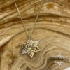Two-tone 14K gold Star of David necklace against patterned onyx