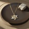Two-tone 14K gold Star of David necklace on a dark plate with stone