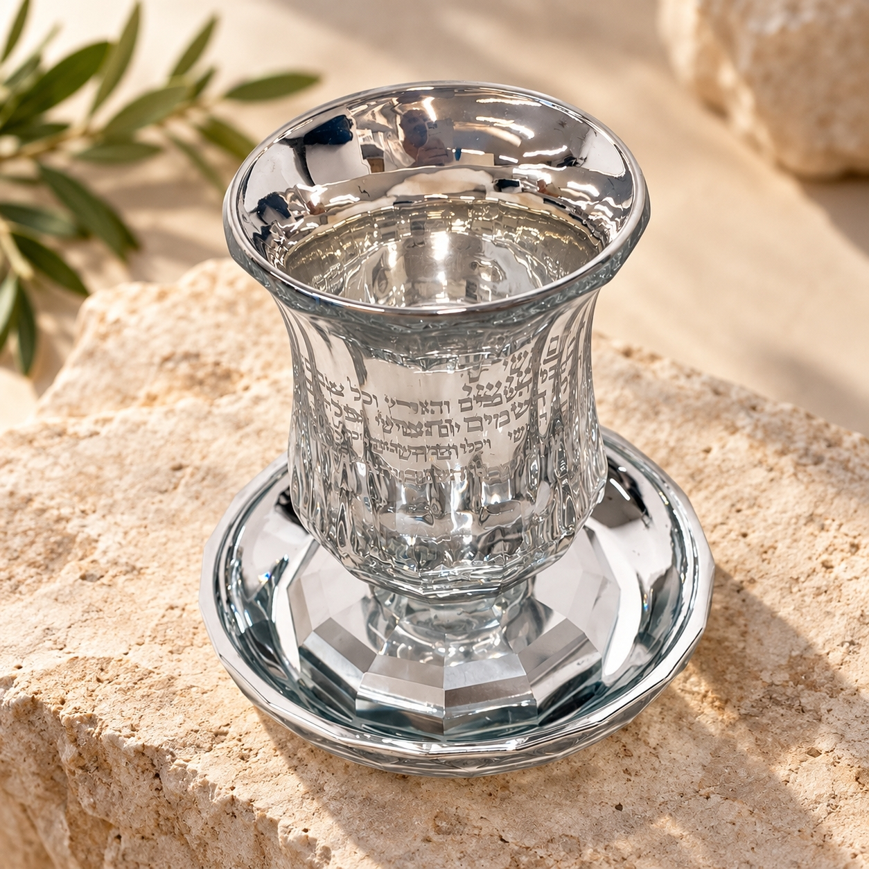 Crystal Kiddush Cup with Saucer, Silver Finish Shabbat Goblet, Engraved Vayechulu, 12 cm Crystal Kiddush Cup with Saucer, Silver Finish Shabbat Goblet, Engraved Vayechulu, 12 cm