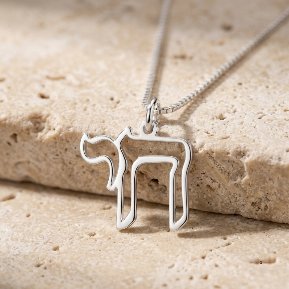 Sterling silver open outline Hebrew Chai necklace resting on a travertine stone block