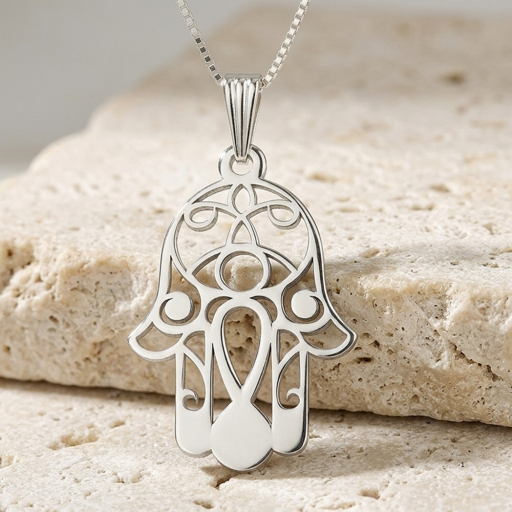 Sterling Silver Hamsa Necklace with Evil Eye, Minimalist Protection Pendant Sterling Silver Hamsa Necklace with Evil Eye, Minimalist Protection Pendant
