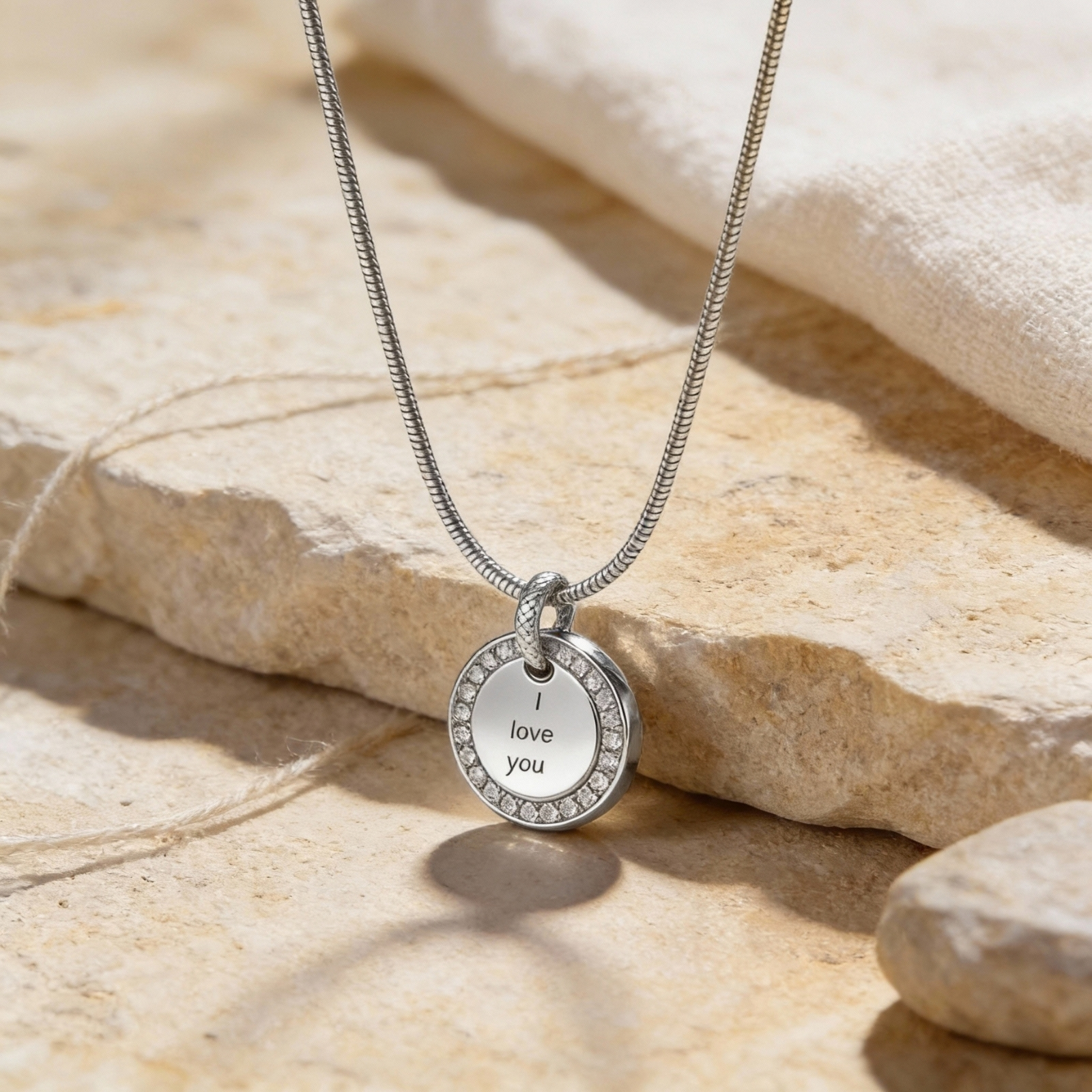 Zircon Halo Necklace, Stainless Steel 15mm Round Pendant, Custom Engraved Zircon Halo Necklace, Stainless Steel 15mm Round Pendant, Custom Engraved