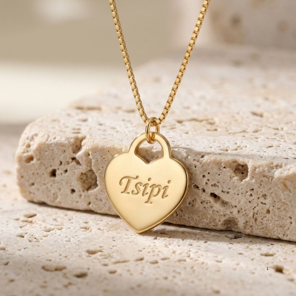 14K solid gold heart necklace engraved with a name on Jerusalem stone