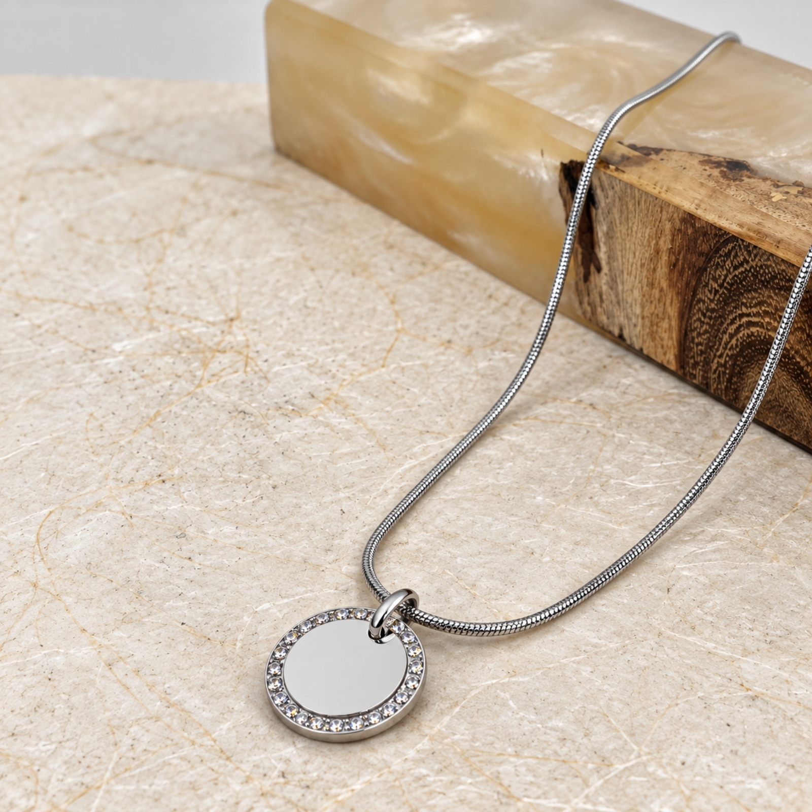 Zircon Halo Necklace, Stainless Steel 15mm Round Pendant, Custom Engraved Zircon Halo Necklace, Stainless Steel 15mm Round Pendant, Custom Engraved