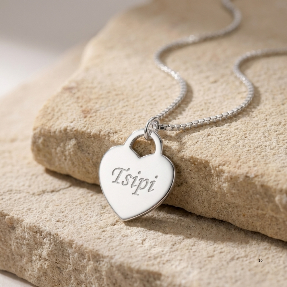 14K white gold name heart necklace on Jerusalem stone