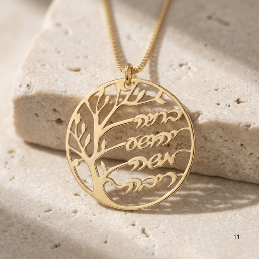 Family Tree Necklace with Names, Sterling Silver 30mm Pendant, Hebrew or English Engraving Family Tree Necklace with Names, Sterling Silver 30mm Pendant, Hebrew or English Engraving