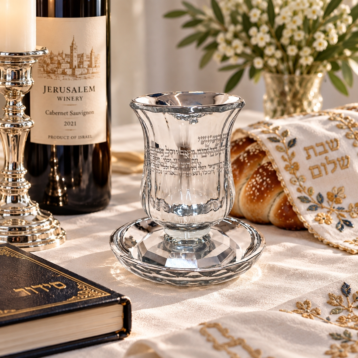 Crystal Kiddush Cup with Saucer, Silver Finish Shabbat Goblet, Engraved Vayechulu, 12 cm Crystal Kiddush Cup with Saucer, Silver Finish Shabbat Goblet, Engraved Vayechulu, 12 cm
