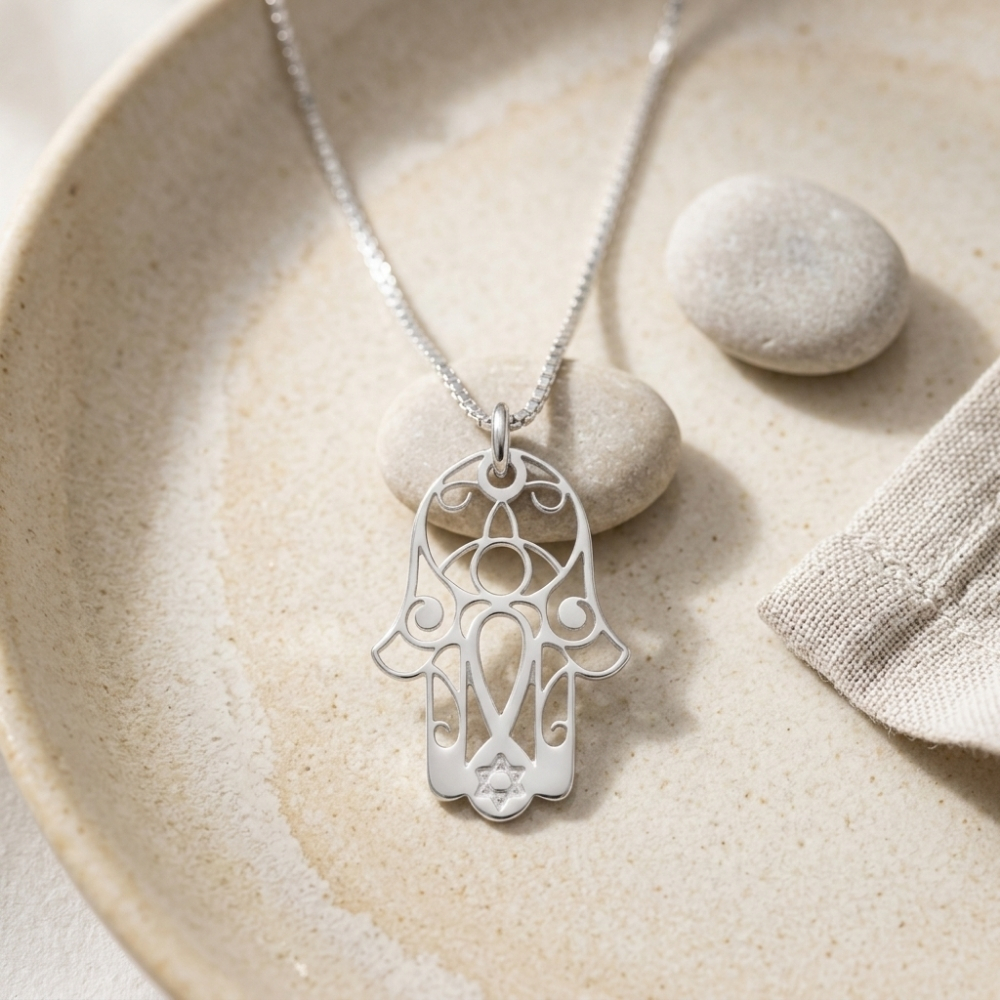 Hamsa Necklace with Star of David, 14K Solid Gold 20mm Pendant, Yellow or White Hamsa Necklace with Star of David, 14K Solid Gold 20mm Pendant, Yellow or White